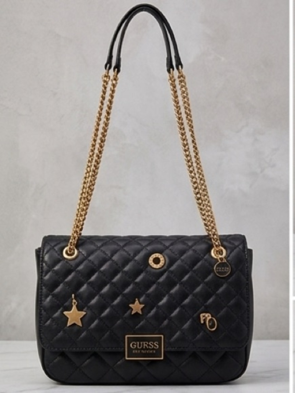 New Guess Black Quilted Shoulder Bag with Gold Chain